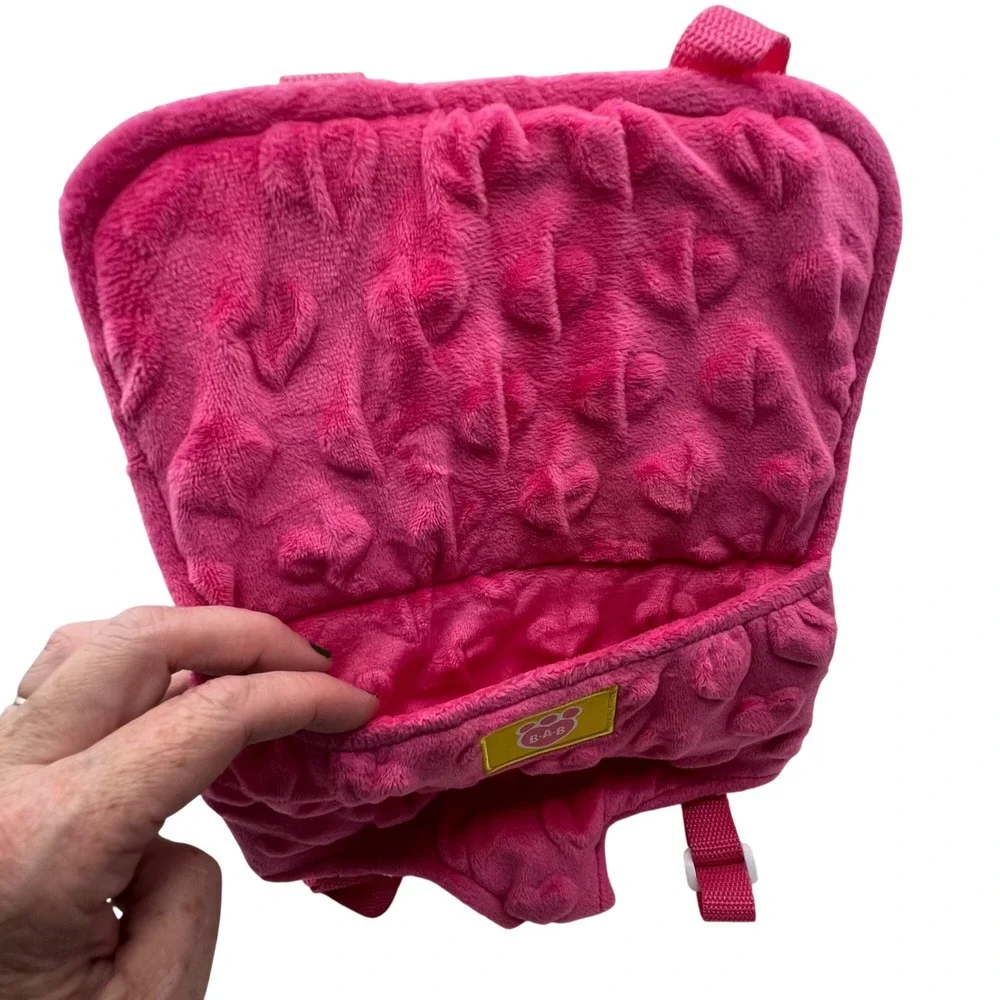 Build A Bear Pink Bear Carrier for Stuffed Animals plush velour hearts backpack